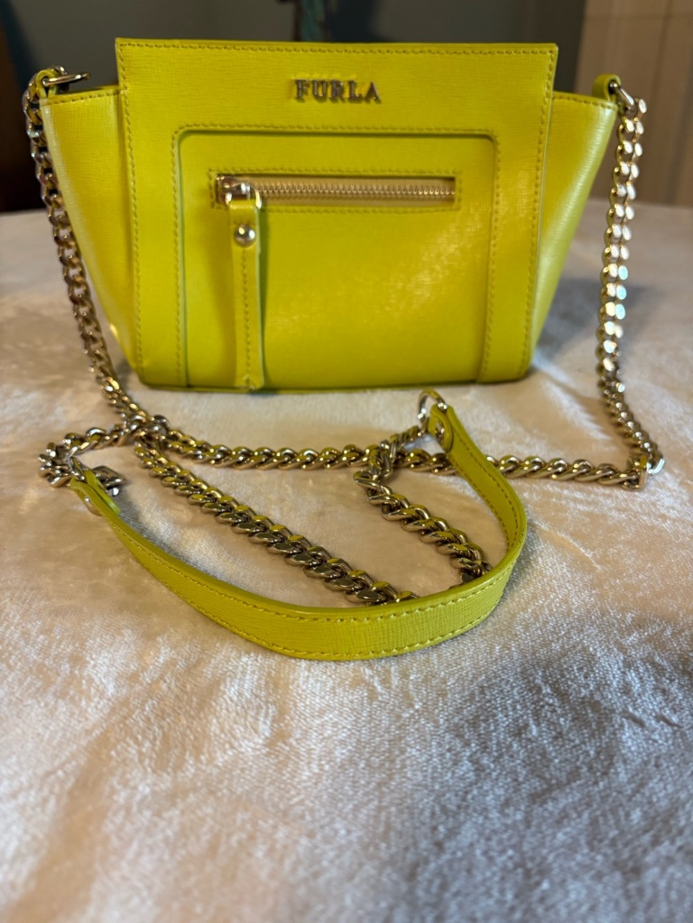 Furla Neon Yellow Leather Crossbody with Gold Chain